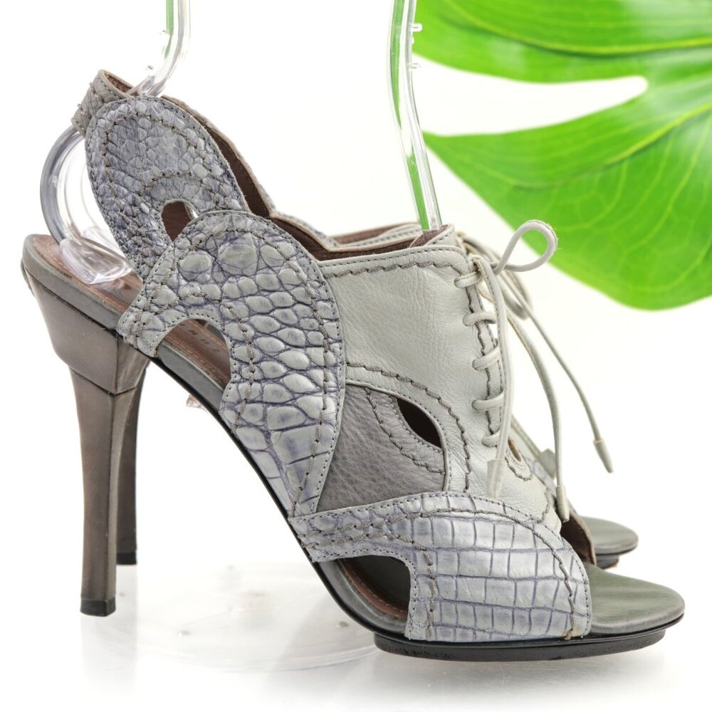 Behnaz Kanani Womens Sandals Size 39.5 8.5 Gray Leather Croc Lace Up Heels Shoes